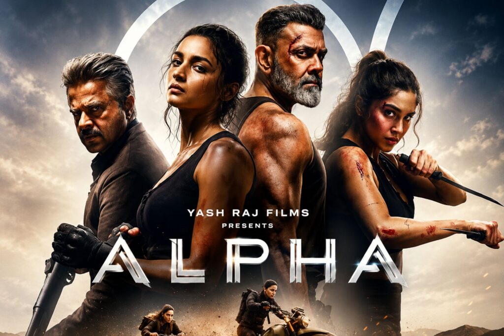 Alpha movie poster featuring Alia Bhatt, Sharvari, Anil Kapoor, and Bobby Deol in a high-quality action-themed promotional banner with the text "Yash Raj Films Presents – Alpha."