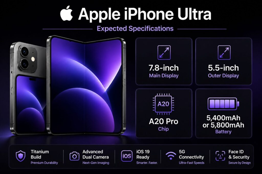 Apple iPhone Ultra concept infographic showcasing expected specifications, including a 7.8-inch foldable display, A20 Pro chip, and high-capacity battery.