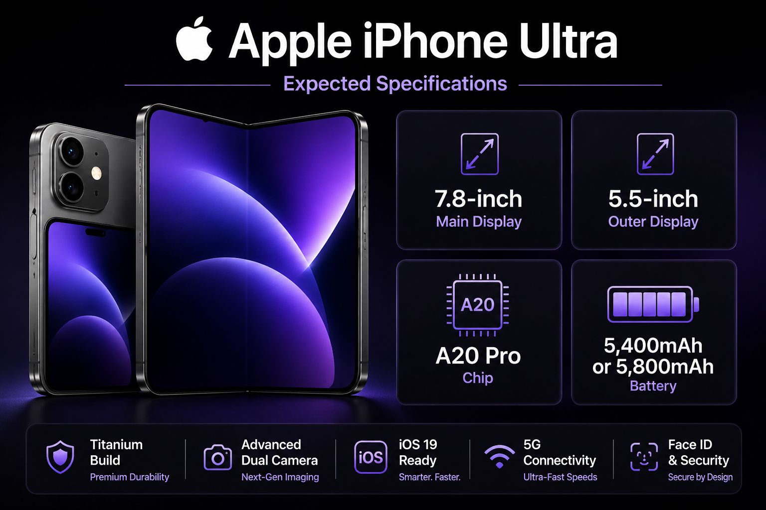 Apple iPhone Ultra concept infographic showcasing expected specifications, including a 7.8-inch foldable display, A20 Pro chip, and high-capacity battery.