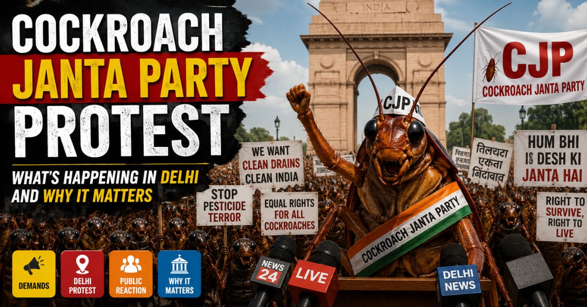 A dramatic news-style featured image showing a fictional "Cockroach Janta Party" protest at India Gate in Delhi. A giant animated cockroach addresses a crowd with protest placards, microphones, and banners, alongside the headline "Cockroach Janta Party Protest: What's Happening in Delhi and Why It Matters."