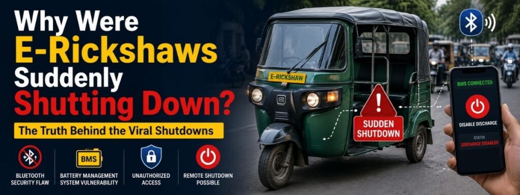 **Alternative Text (Alt Text):**

**News-style illustration of an e-rickshaw stopped on a road with a smartphone displaying a Battery Management System (BMS) app, representing the reported Bluetooth security vulnerability and MeitY's action against certain e-rickshaw battery management apps.**