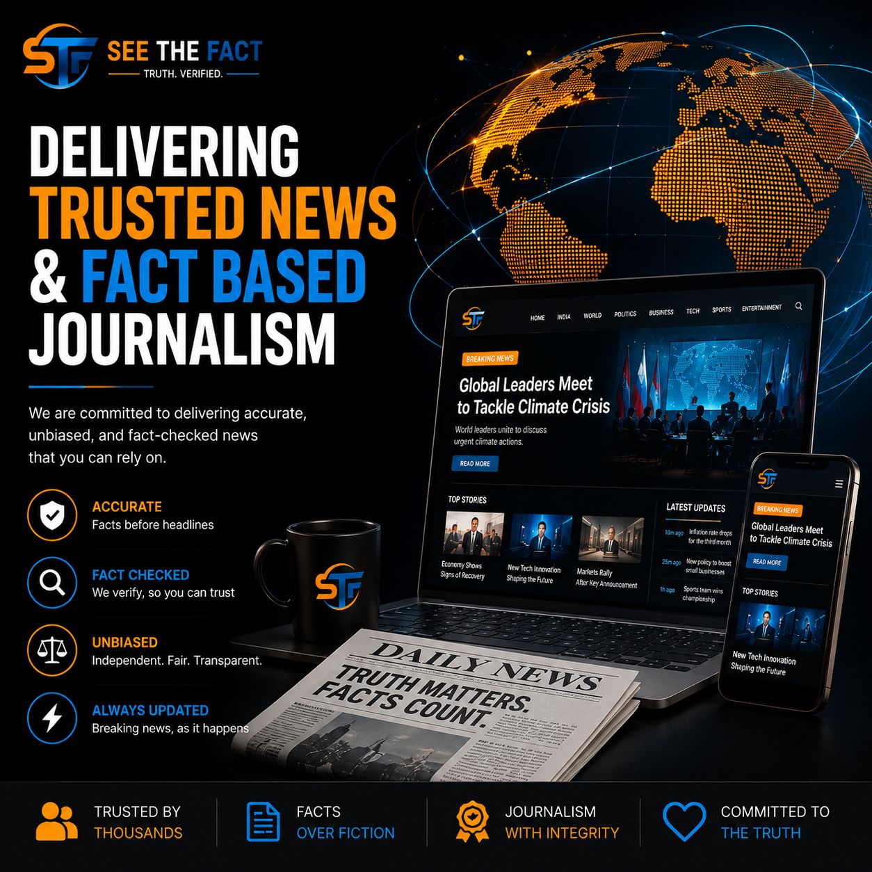 See The Fact promotional banner featuring the STF logo, digital globe, laptop, smartphone, and the message "Delivering Trusted News & Fact Based Journalism."