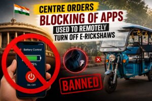 Featured image showing the Indian government blocking apps that can remotely disable e-rickshaws, with a smartphone, Parliament, and an electric rickshaw.