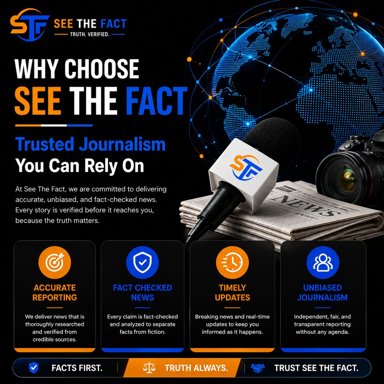 Why Choose See The Fact banner featuring trusted journalism, accurate reporting, independent news, fast updates, and in-depth analysis on a modern black background.