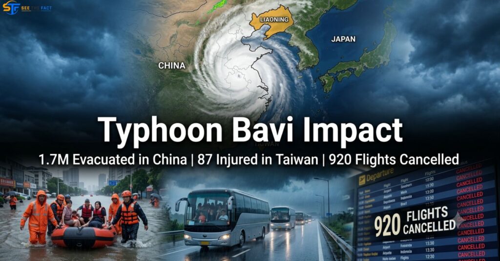 Typhoon Bavi approaching China and Taiwan with dark storm clouds, evacuation visuals, and flight cancellation alerts in a professional news-style graphic.