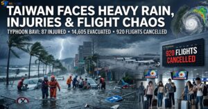 Taiwan experiences heavy rain and strong winds from Typhoon Bavi, causing injuries, evacuations, and widespread flight cancellations.