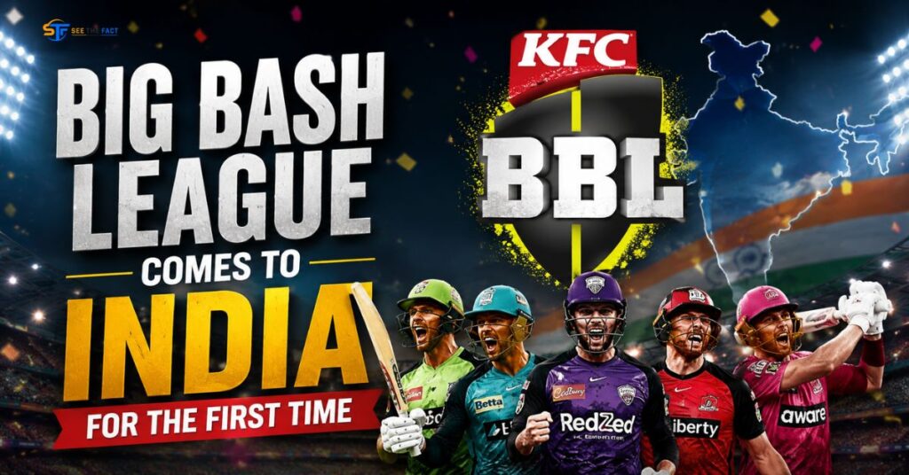 Professional featured image announcing Big Bash League Comes to India for the First Time, featuring multiple cricket players in colorful jerseys, a packed stadium under floodlights, a bold "BBL" shield logo, an India map silhouette, and large headline text in a dynamic sports-news design.