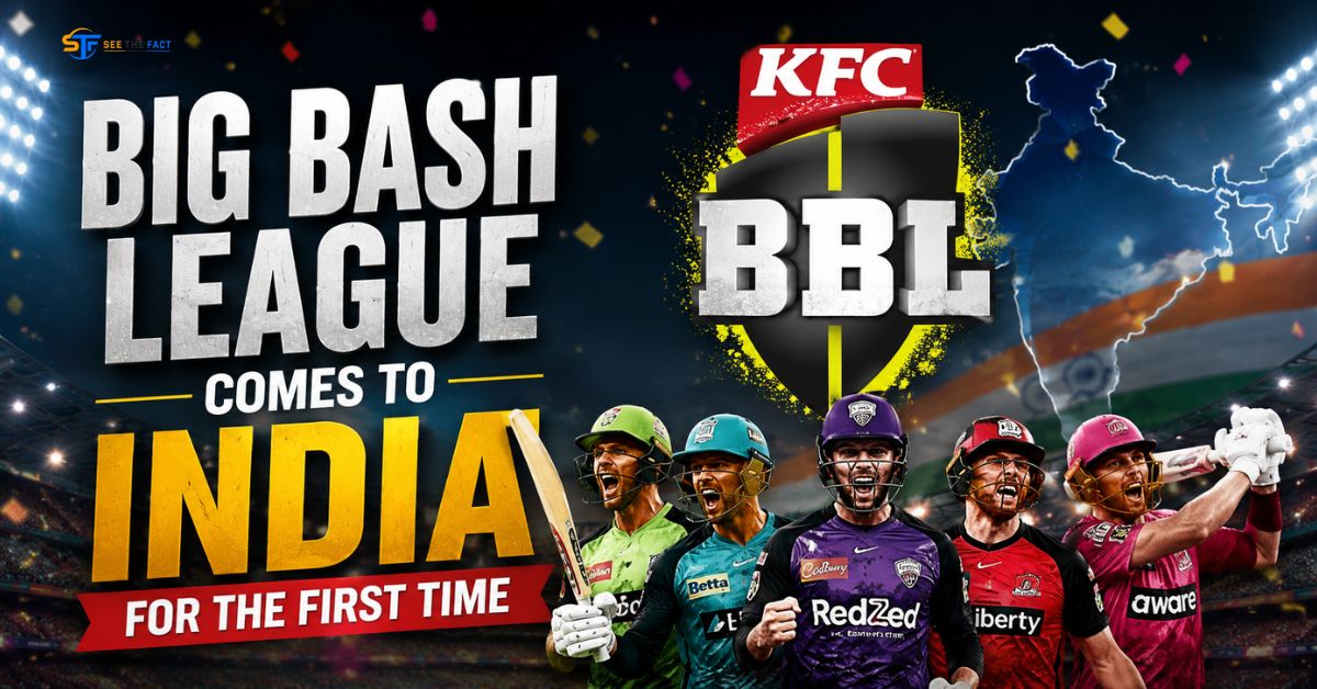 Professional featured image announcing Big Bash League Comes to India for the First Time, featuring multiple cricket players in colorful jerseys, a packed stadium under floodlights, a bold "BBL" shield logo, an India map silhouette, and large headline text in a dynamic sports-news design.