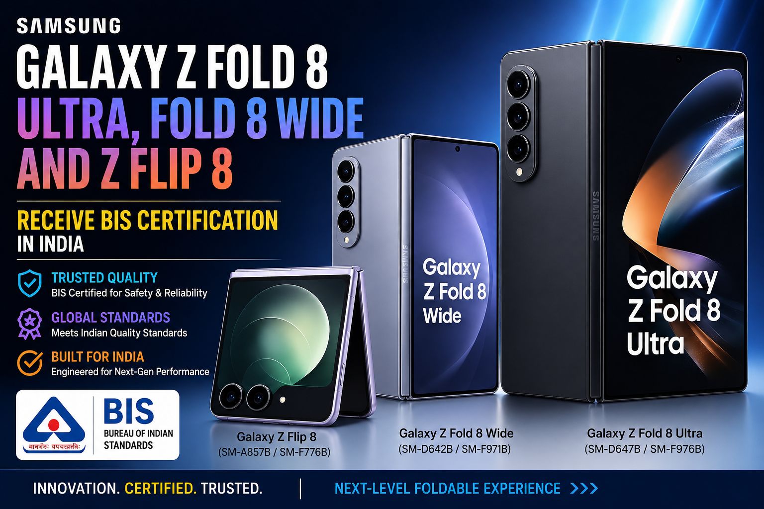 Samsung Galaxy Z Fold 8 Ultra, Galaxy Z Fold 8 Wide, and Galaxy Z Flip 8 featured image highlighting BIS certification in India.