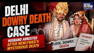 Delhi dowry death case featured image showing the newlywed couple, police investigation, and husband's arrest in a dramatic breaking news banner.