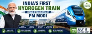 Featured image of India's first hydrogen train with PM Modi highlighting major infrastructure and green energy projects.