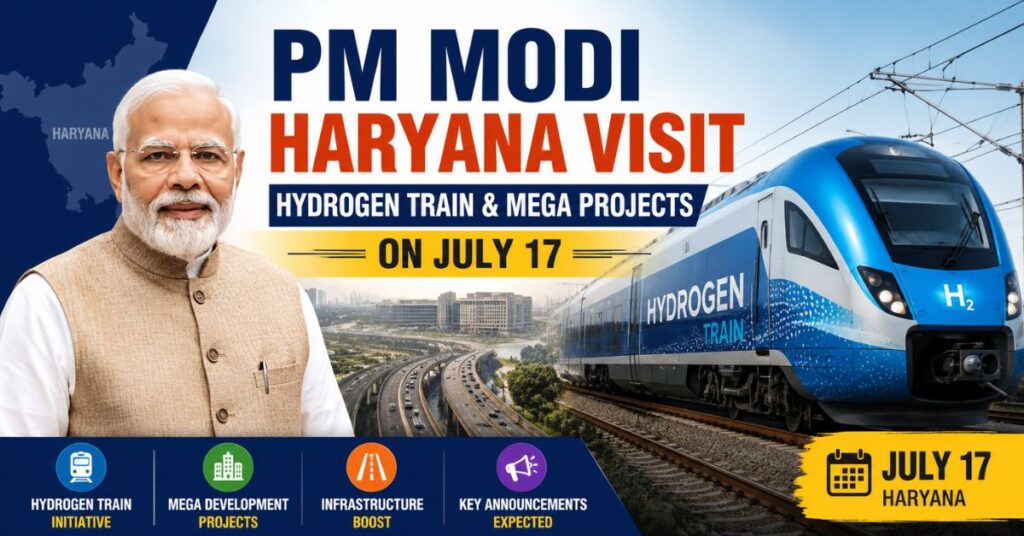 Featured image of PM Modi's Haryana visit highlighting the hydrogen train, mega development projects, and key announcements expected on July 17.
