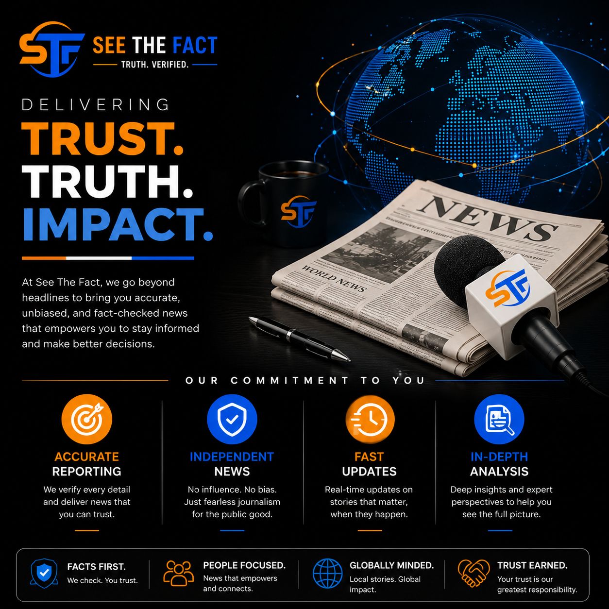 See The Fact homepage banner highlighting trusted journalism, accurate reporting, independent news, fast updates, and in-depth analysis with a digital newsroom theme.